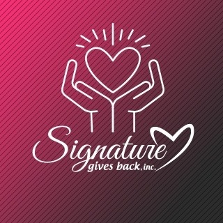 Signature Gives Back Logo with hands and heart above