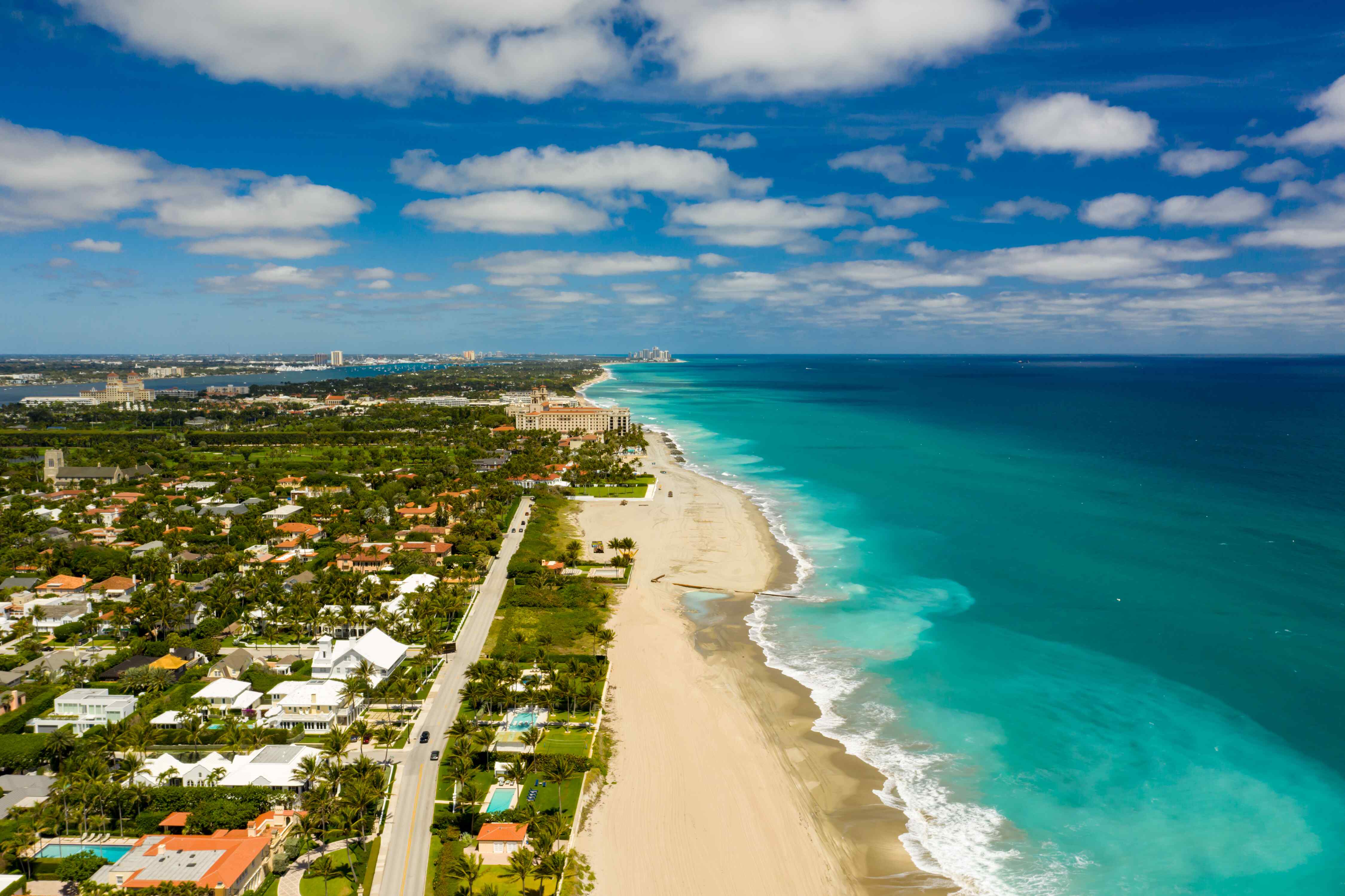 Aerial view of houses along the beach