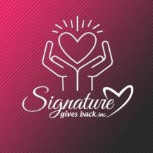Signature Gives Back Logo with hands and heart above